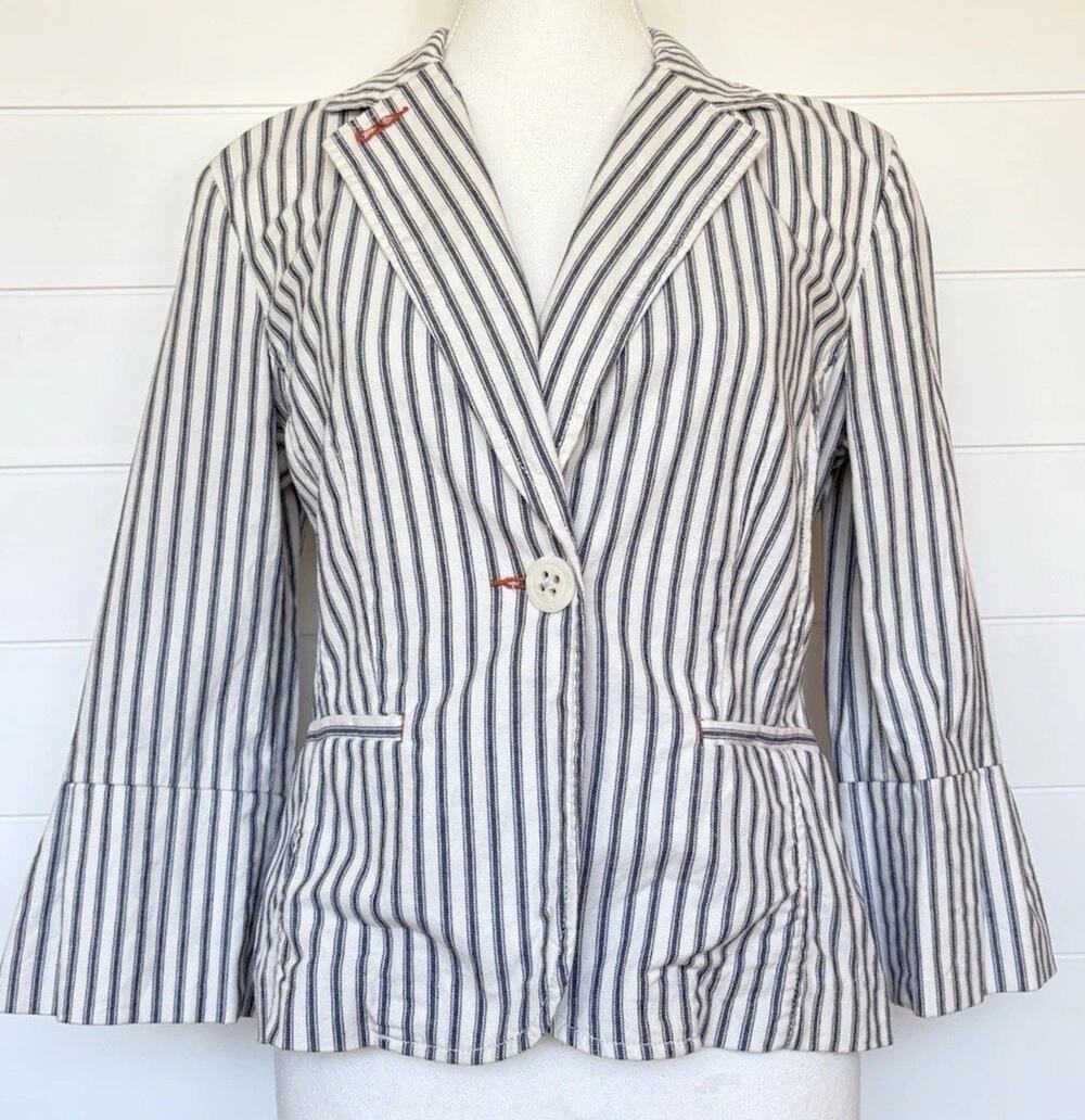 Cabi Striped‎ Cotton Peplum Blazer Jacket Cropped Womens Size 4 Nautical Coastal